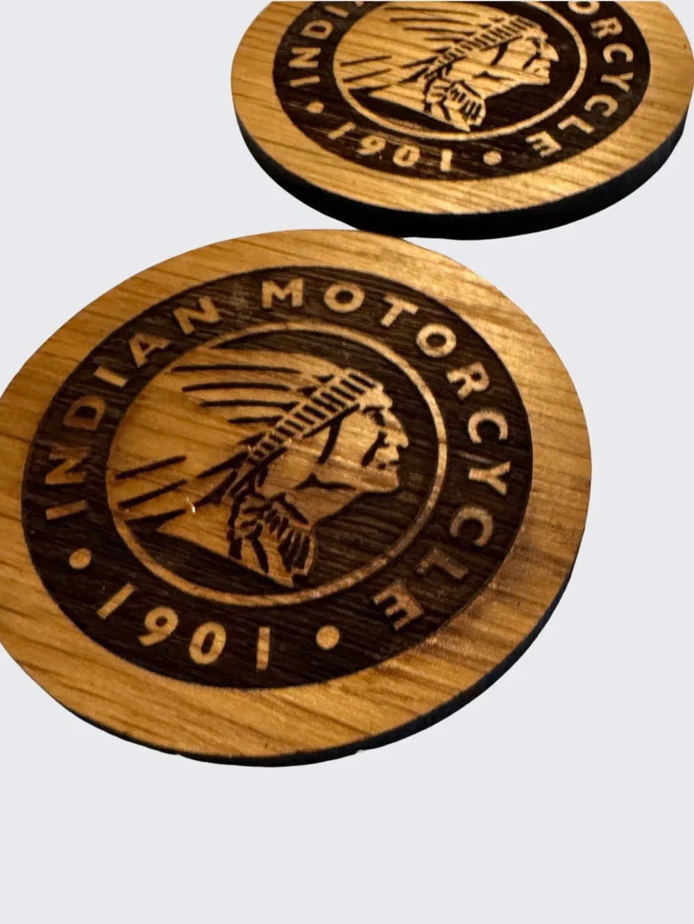 Indian Motorcycle 1901 Logo Wooden Coasters Set of 2 Engraved Wood Biker Decor